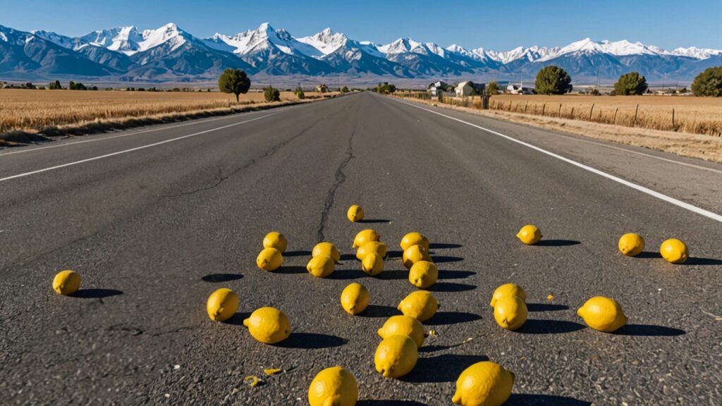 Lemons on a road towards the mountains