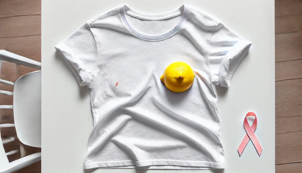 White woman's t-shirt on a table. A lemon is positioned where one breast would be. Where the other breast should be, there is a little bit of blood n=under the t-shirt, suggesting a mastectomy.