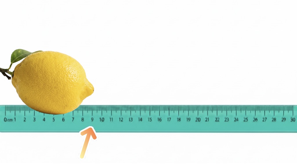 A yellow lemon resting beside a teal ruler at approximately the 9 cm mark, with an orange arrow pointing up toward it from below.